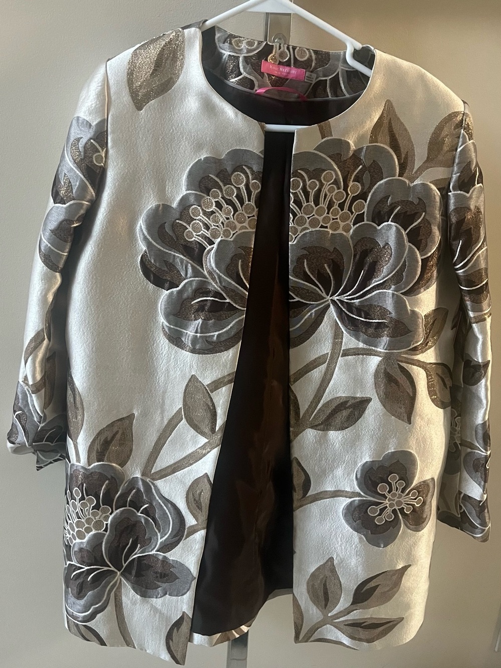 Isaac Mizrahi Silver and Charcoal Floral Jacquard Coat